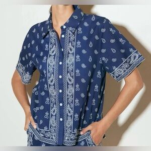 Navy Blue Paisley Button Up Shirt